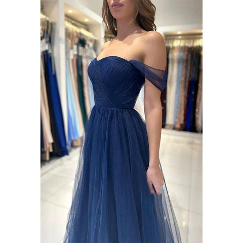 A Line Sweetheart Tulle Pleated Long Prom Formal Dress