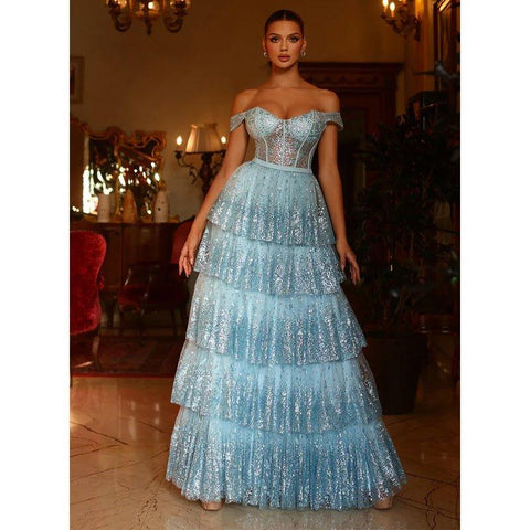 A Line Sweetheart Tulle Tiered Long Prom Formal Dresses