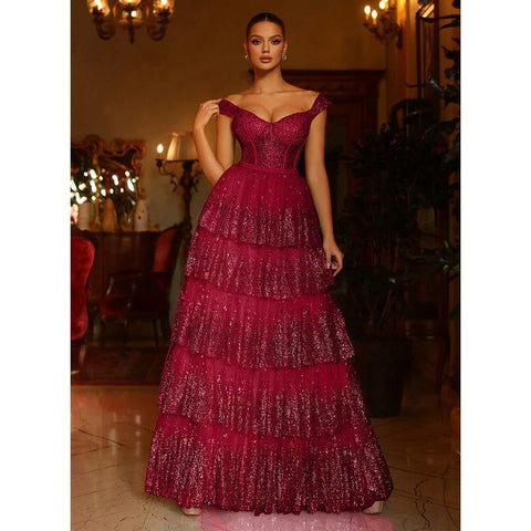 A Line Sweetheart Tulle Tiered Long Prom Formal Dresses