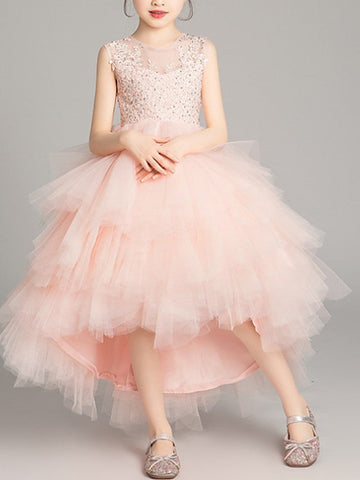 A-Line Tulle Sleeveless Jewel Neck Asymmetrical Pageant Flower Girl Dresses