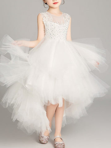 A-Line Tulle Sleeveless Jewel Neck Asymmetrical Pageant Flower Girl Dresses