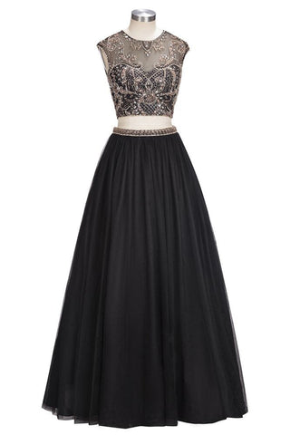 Robes de bal trapèze deux pièces longues sans manches, grandes tailles, à motifs de cristaux