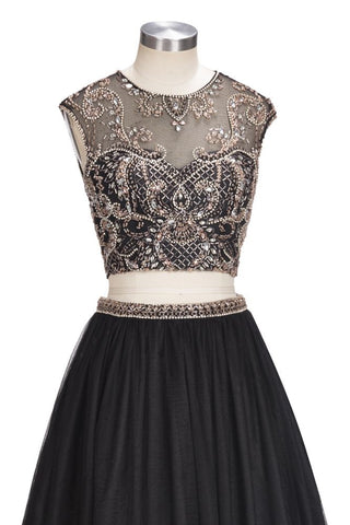 Robes de bal trapèze deux pièces longues sans manches, grandes tailles, à motifs de cristaux