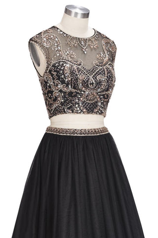 Robes de bal trapèze deux pièces longues sans manches, grandes tailles, à motifs de cristaux