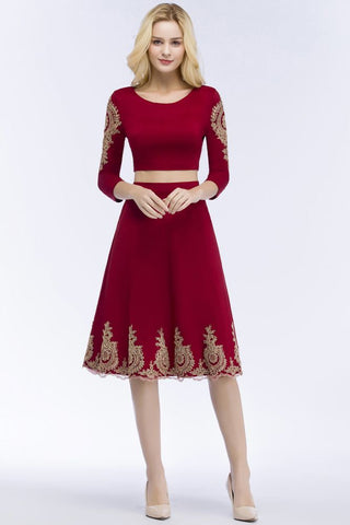 Vestidos de fiesta de dos piezas de corte A, tallas grandes, largo hasta la rodilla, mangas largas con apliques