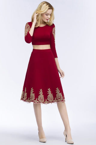Vestidos de fiesta de dos piezas de corte A, tallas grandes, largo hasta la rodilla, mangas largas con apliques