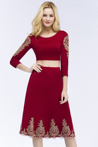 Vestidos de fiesta de dos piezas de corte A, tallas grandes, largo hasta la rodilla, mangas largas con apliques