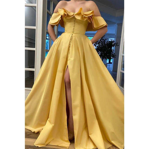 Robe de bal longue en satin jaune à épaules dénudées et fente haute avec poches 