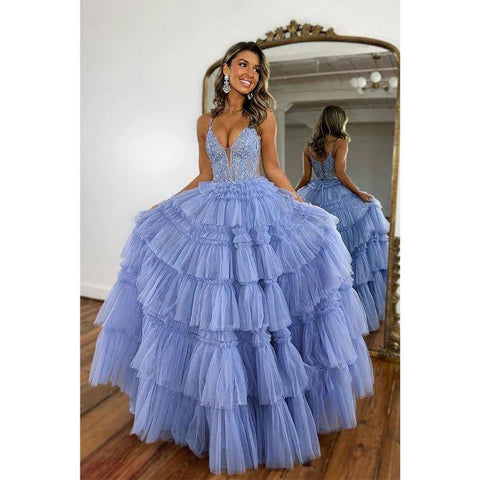 Vestido de noche largo formal de color lila con apliques y escote en V y corte A