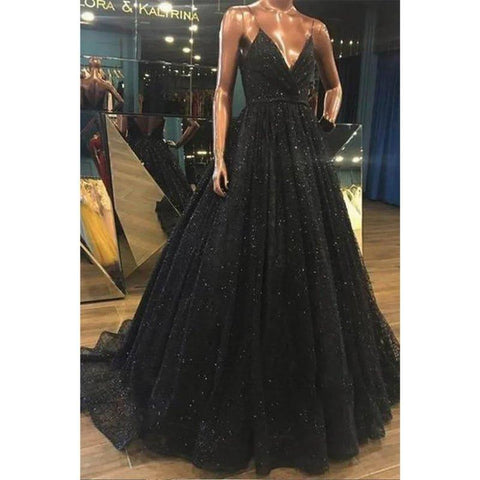 Robe de bal trapèze à col en V et paillettes noires, fendue sur le côté, avec poches 