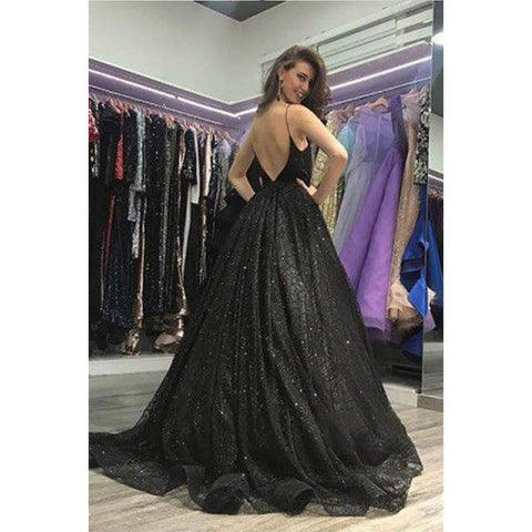 Robe de bal trapèze à col en V et paillettes noires, fendue sur le côté, avec poches 