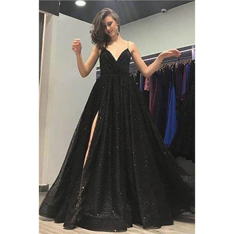 Robe de bal trapèze à col en V et paillettes noires, fendue sur le côté, avec poches 