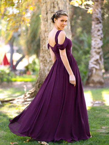 Robe de demoiselle d'honneur longue en mousseline, coupe trapèze, col en V