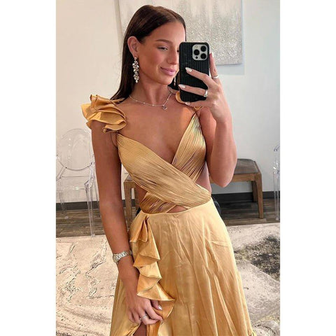 Robe de soirée simple à volants, coupe trapèze, col en V, coupe haute et basse, couleur champagne 