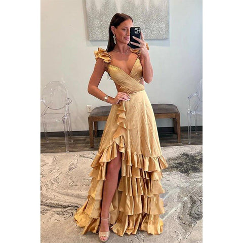 Robe de soirée simple à volants, coupe trapèze, col en V, coupe haute et basse, couleur champagne 