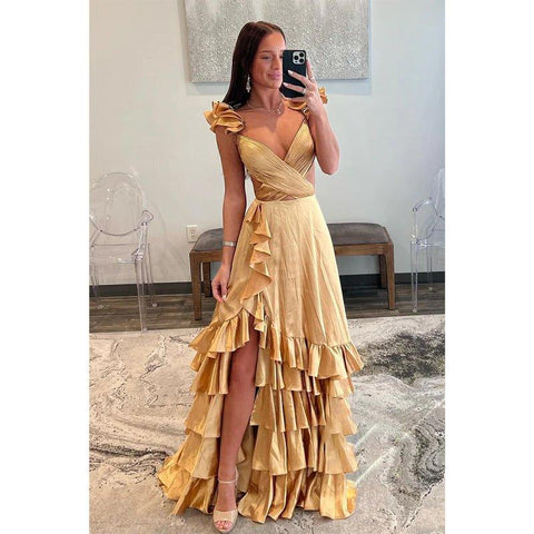 Robe de soirée simple à volants, coupe trapèze, col en V, coupe haute et basse, couleur champagne 