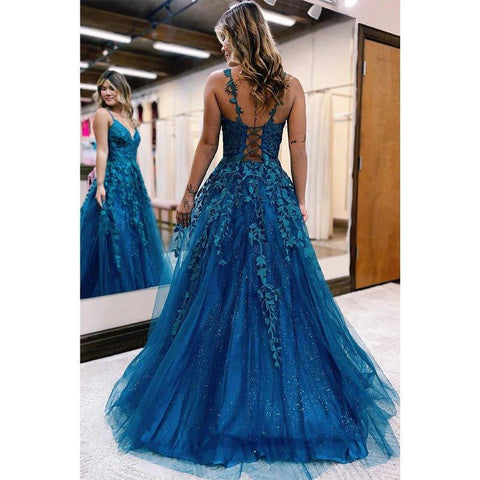 A Line V-neck Lace Appliques Long Prom Dress