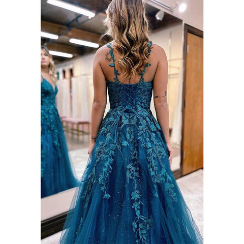 A Line V-neck Lace Appliques Long Prom Dress
