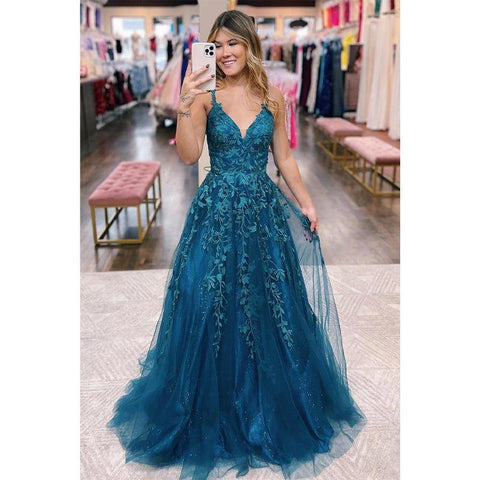 A Line V-neck Lace Appliques Long Prom Dress