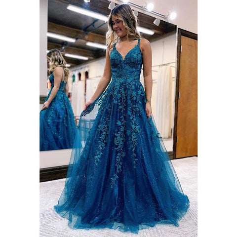 A Line V-neck Lace Appliques Long Prom Dress