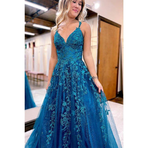 A Line V-neck Lace Appliques Long Prom Dress