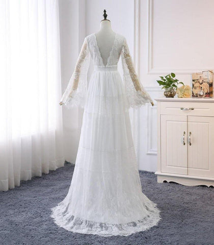 A-line V neck Long Sleeve Wedding Dress Rustic Boho Wedding Dress WD516