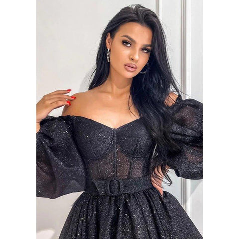 A Line V Neck Long Sleeves Black Sparkly Prom Dress Short Homecoming Dress