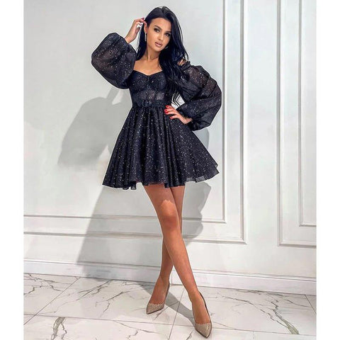 A Line V Neck Long Sleeves Black Sparkly Prom Dress Short Homecoming Dress