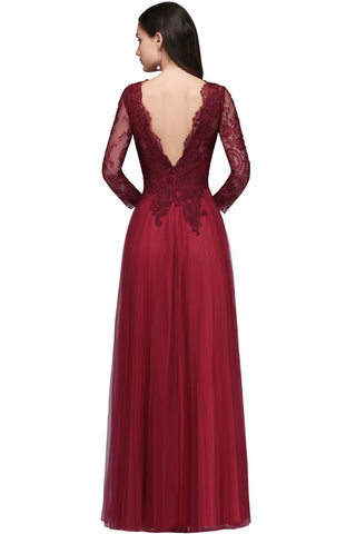 Vestidos de fiesta de corte A, escote en V, mangas largas, encaje y tul sin espalda