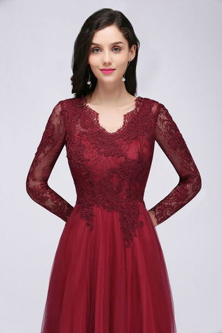 Vestidos de fiesta de corte A, escote en V, mangas largas, encaje y tul sin espalda