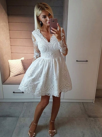 A-line V Neck Long Sleeves Lace White Short Prom Homecoming Dresses