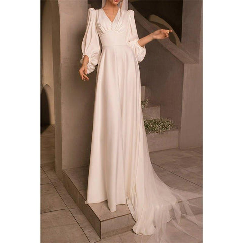 A Line V Neck Long Sleeves Satin Simple Wedding Dress with Sweep Train