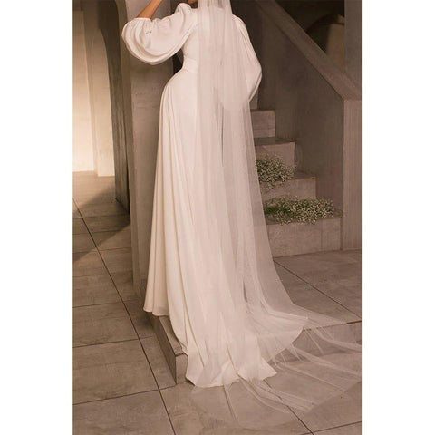 A Line V Neck Long Sleeves Satin Simple Wedding Dress with Sweep Train