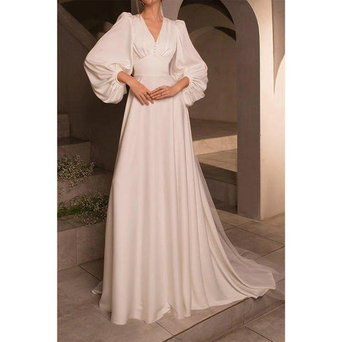 A Line V Neck Long Sleeves Satin Simple Wedding Dress with Sweep Train