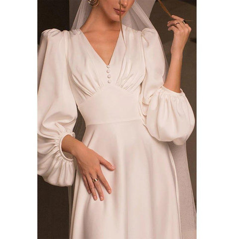 A Line V Neck Long Sleeves Satin Simple Wedding Dress with Sweep Train