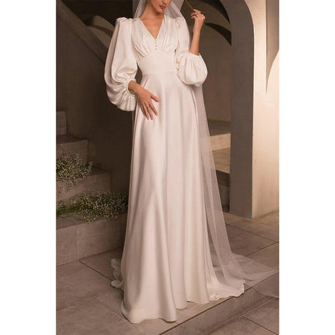 A Line V Neck Long Sleeves Satin Simple Wedding Dress with Sweep Train