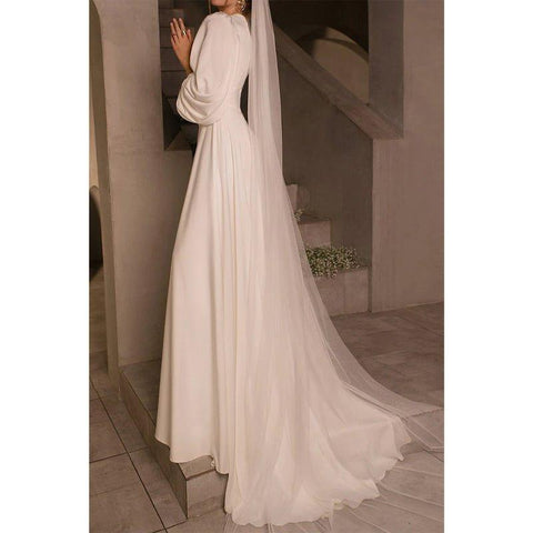A Line V Neck Long Sleeves Satin Simple Wedding Dress with Sweep Train