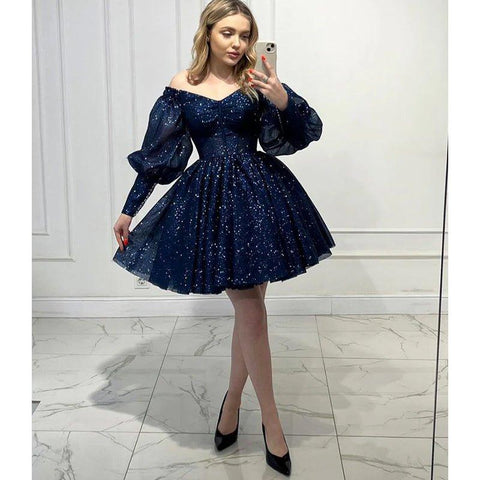A Line V Neck Long Sleeves Sparkly Prom Dress Short Homecoming Dress