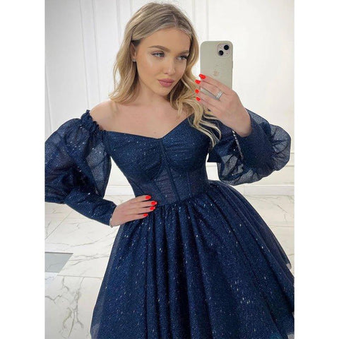 A Line V Neck Long Sleeves Sparkly Prom Dress Short Homecoming Dress