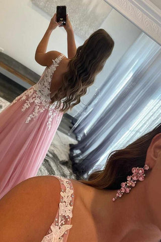 Vestidos largos de graduación rosas con escote en V, espalda descubierta, tul con cuentas y encaje, corte en A.