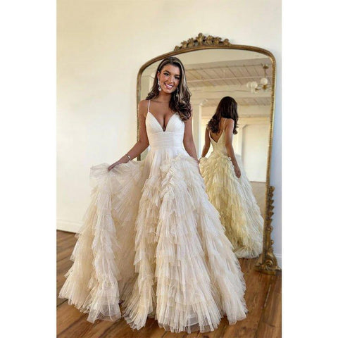 A Line V Neck Ruffles Tulle Sparkly Prom Dress