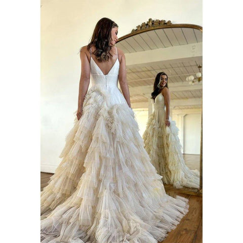 A Line V Neck Ruffles Tulle Sparkly Prom Dress