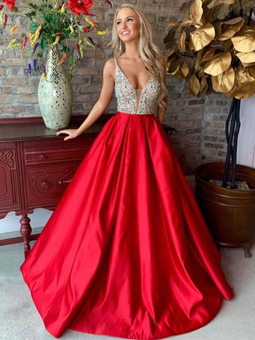 Vestidos largos de fiesta rojos de satén con escote en V y corte en A, con cuentas y escote en A.