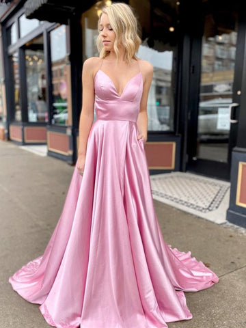 A Line V Neck Satin Long Prom Dresses with High Slit Backless Formal Gowns with Pocket
