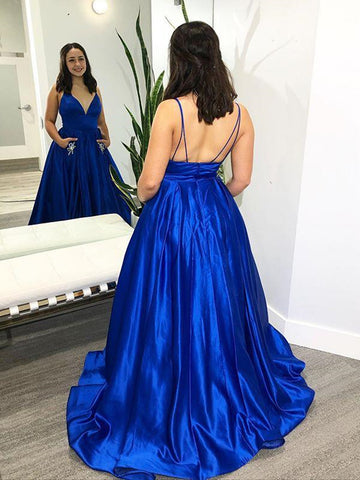 Robe de bal longue en satin bleu royal, col en V, coupe trapèze, poches, dos nu