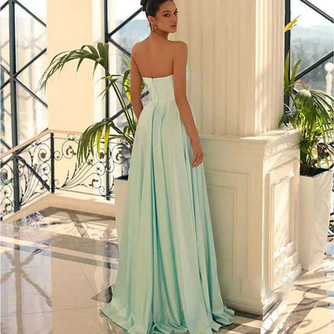 A Line V Neck Satin Pleats Long Elegant Prom Party Dress with Slit