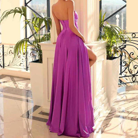 A Line V Neck Satin Pleats Long Elegant Prom Party Dress with Slit