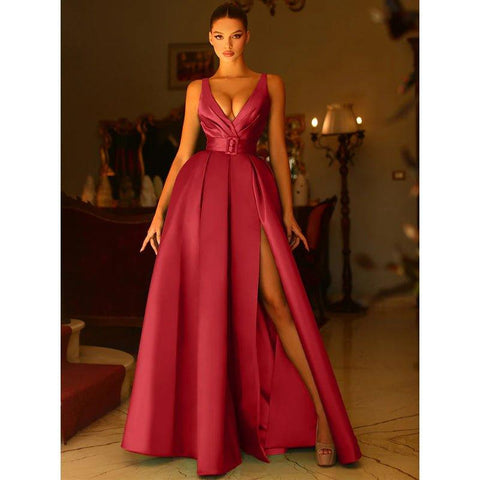 A Line V Neck Satin Pleats Side Slit Long Prom Formal Dress with Pockets