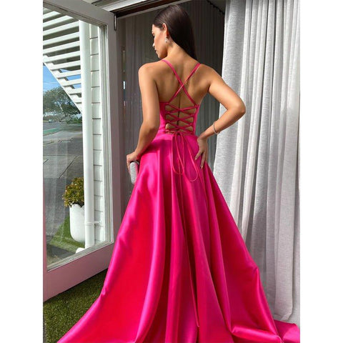 Vestido formal de satén con escote en V, corte A, sin mangas, con cordones y abertura