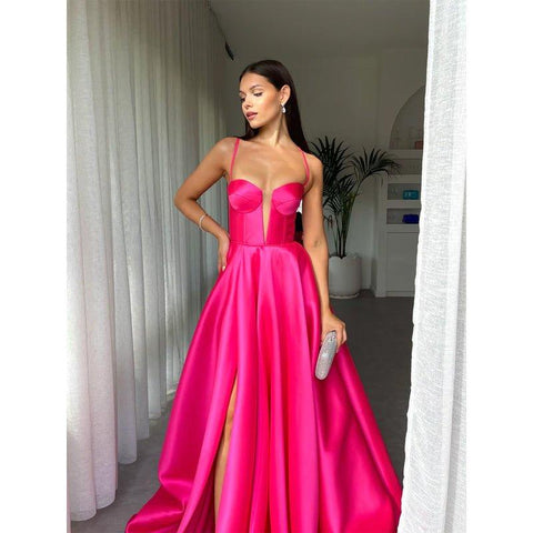 Vestido formal de satén con escote en V, corte A, sin mangas, con cordones y abertura